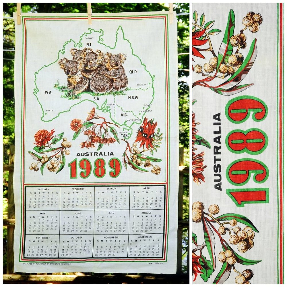 VTG 1989 Australia Map w/ Koala Family, Cities & Native Flowers Calendar Towel
